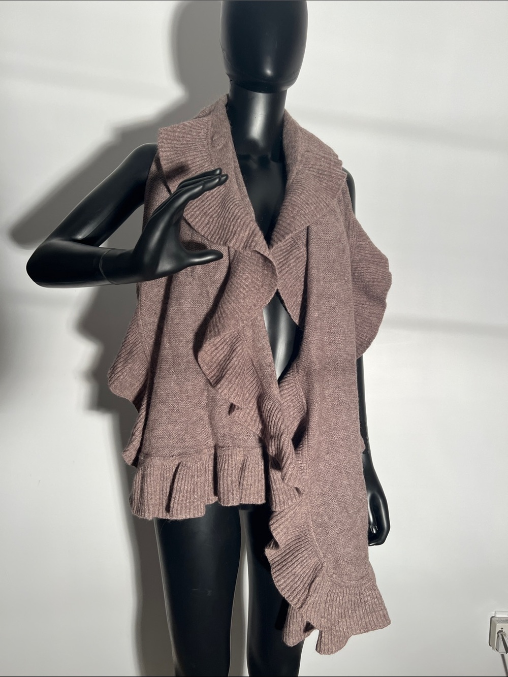 Ruffled Knit Sleeveless Cardigan Vest in taupe